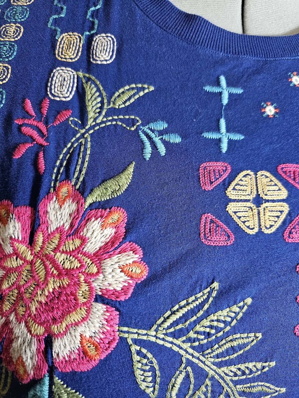 Johnny Was Royal Blue Embroidered Floral Short Sleeve Tee - Picture 3 of 5